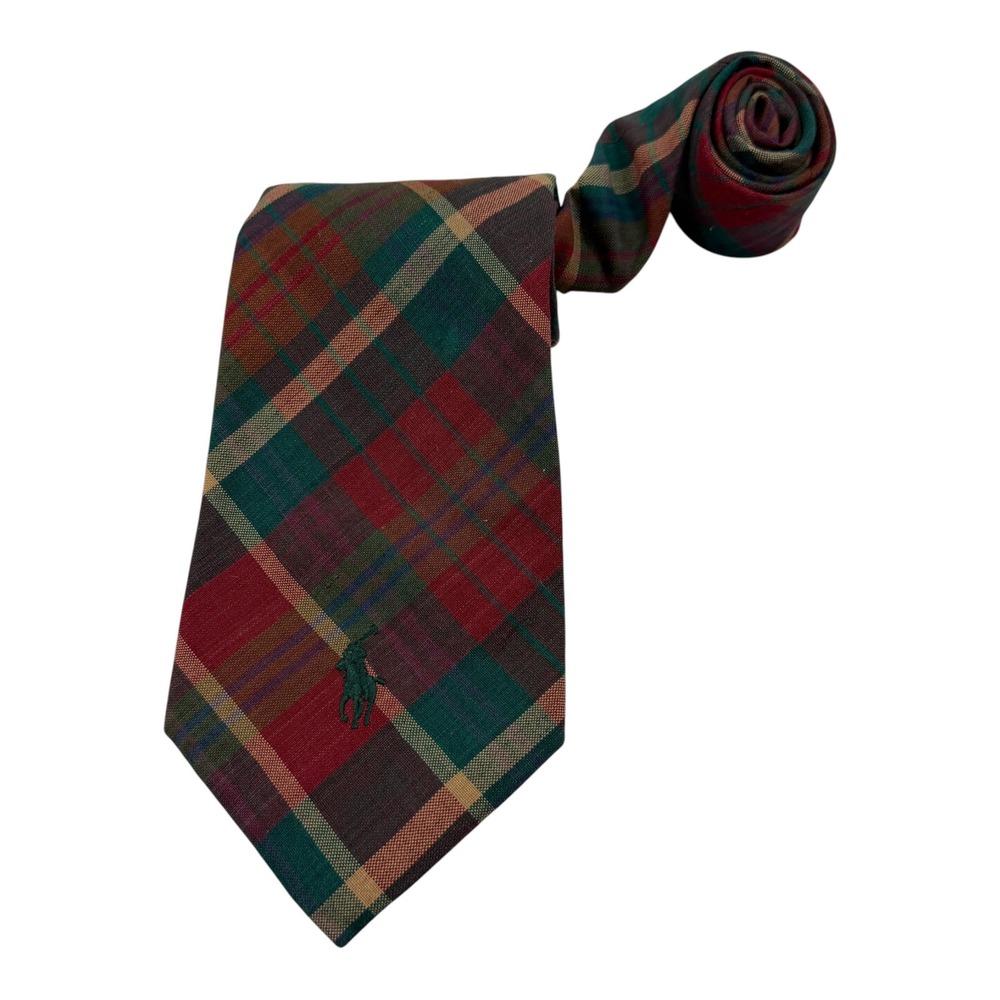 Polo Ralph Lauren Mens Red Green Plaid Cotton Necktie Made by Hand USA Logo